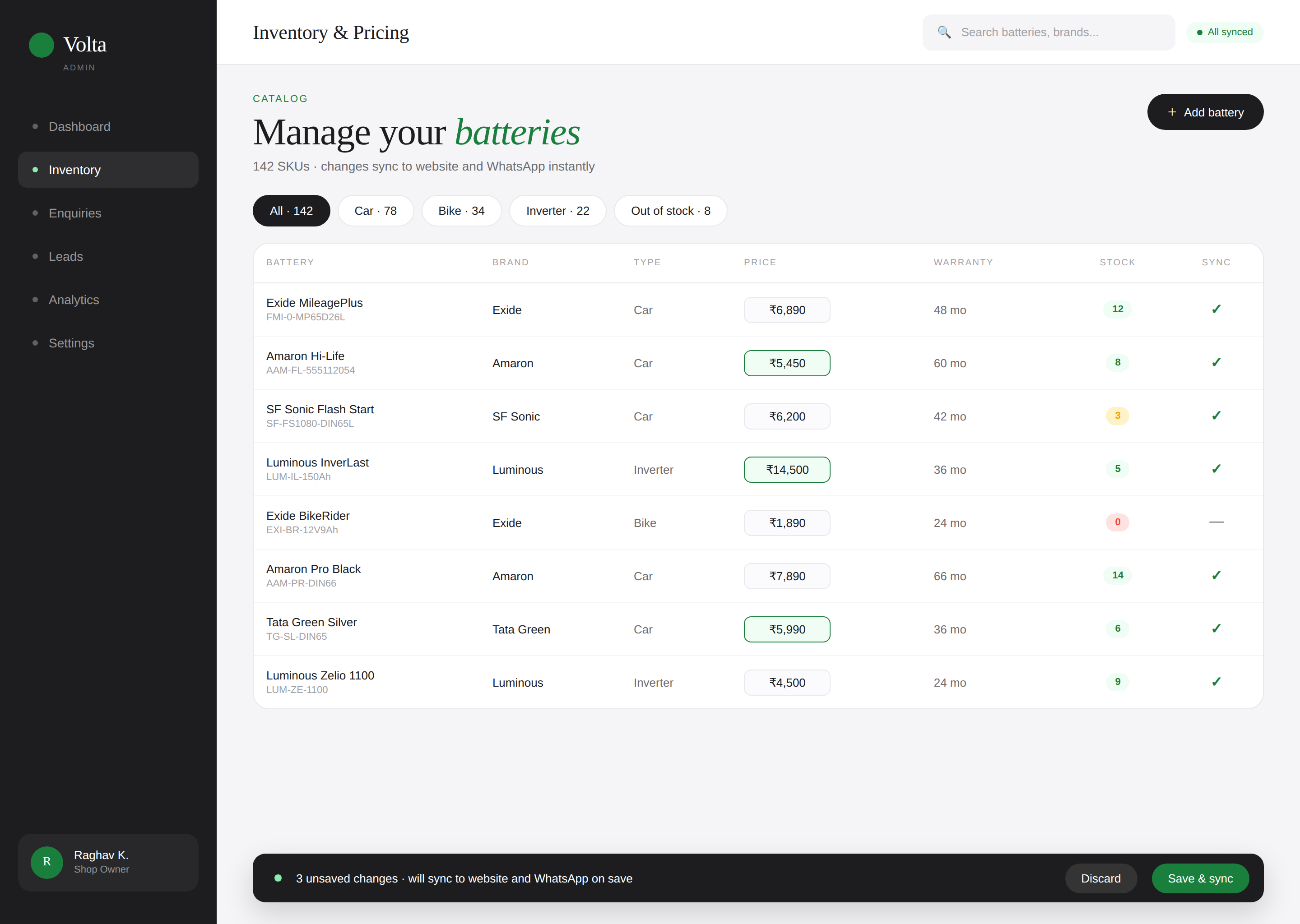 Volta Admin Inventory & Pricing