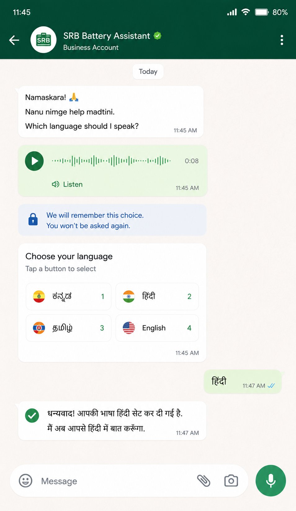 WhatsApp chat on iPhone showing language picker and Hindi confirmation